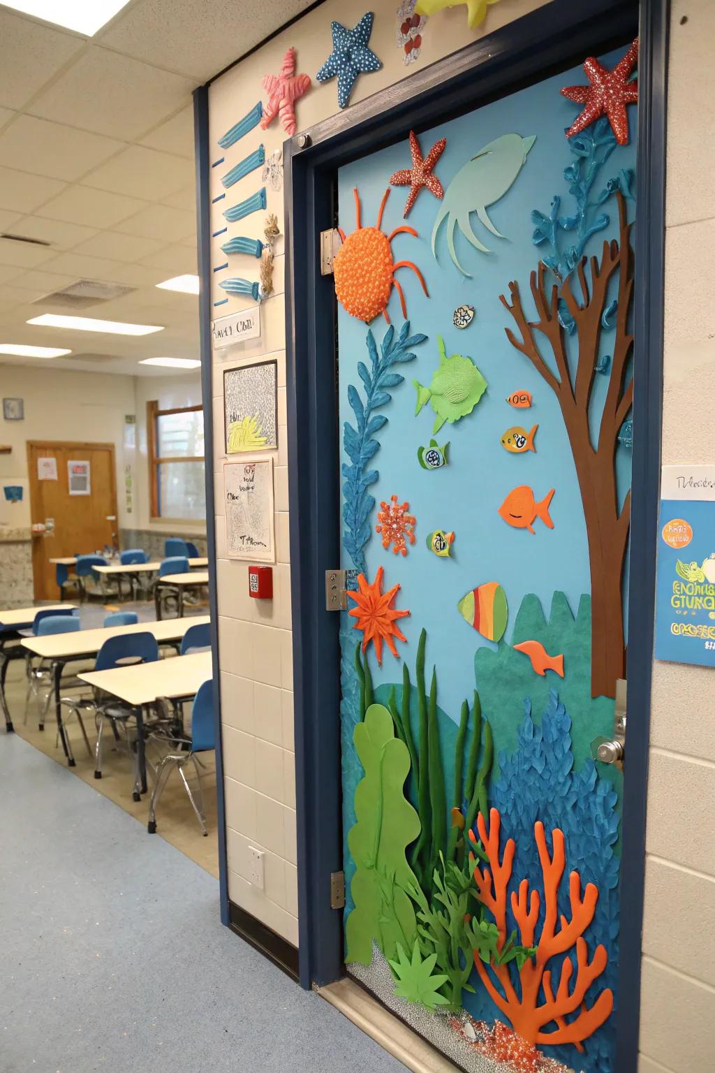 Door that showcases a vibrant paper-created coral reef.