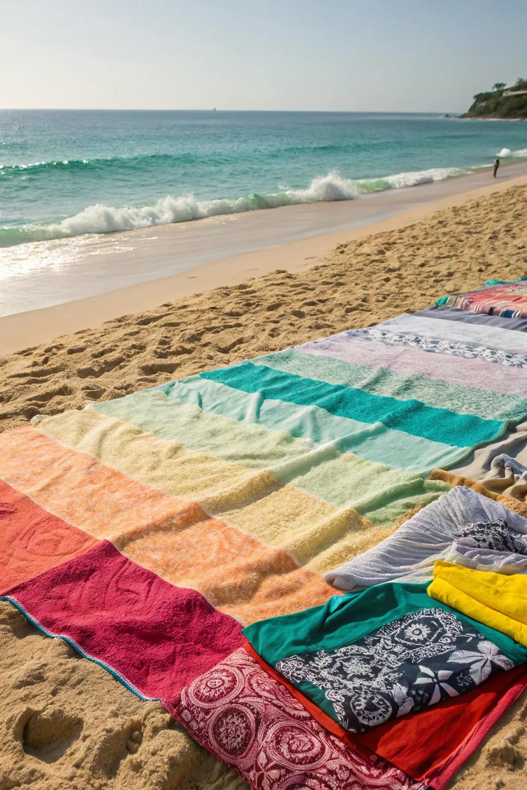 Enjoy the beach with a roomy towel blanket that fits everyone.