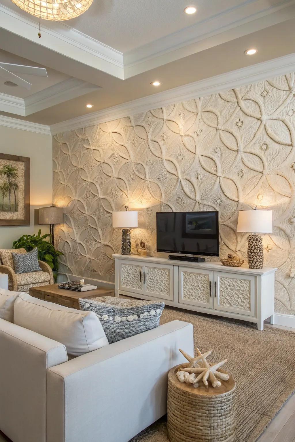Introduce subtle sophistication with textured beach-inspired wallpaper.