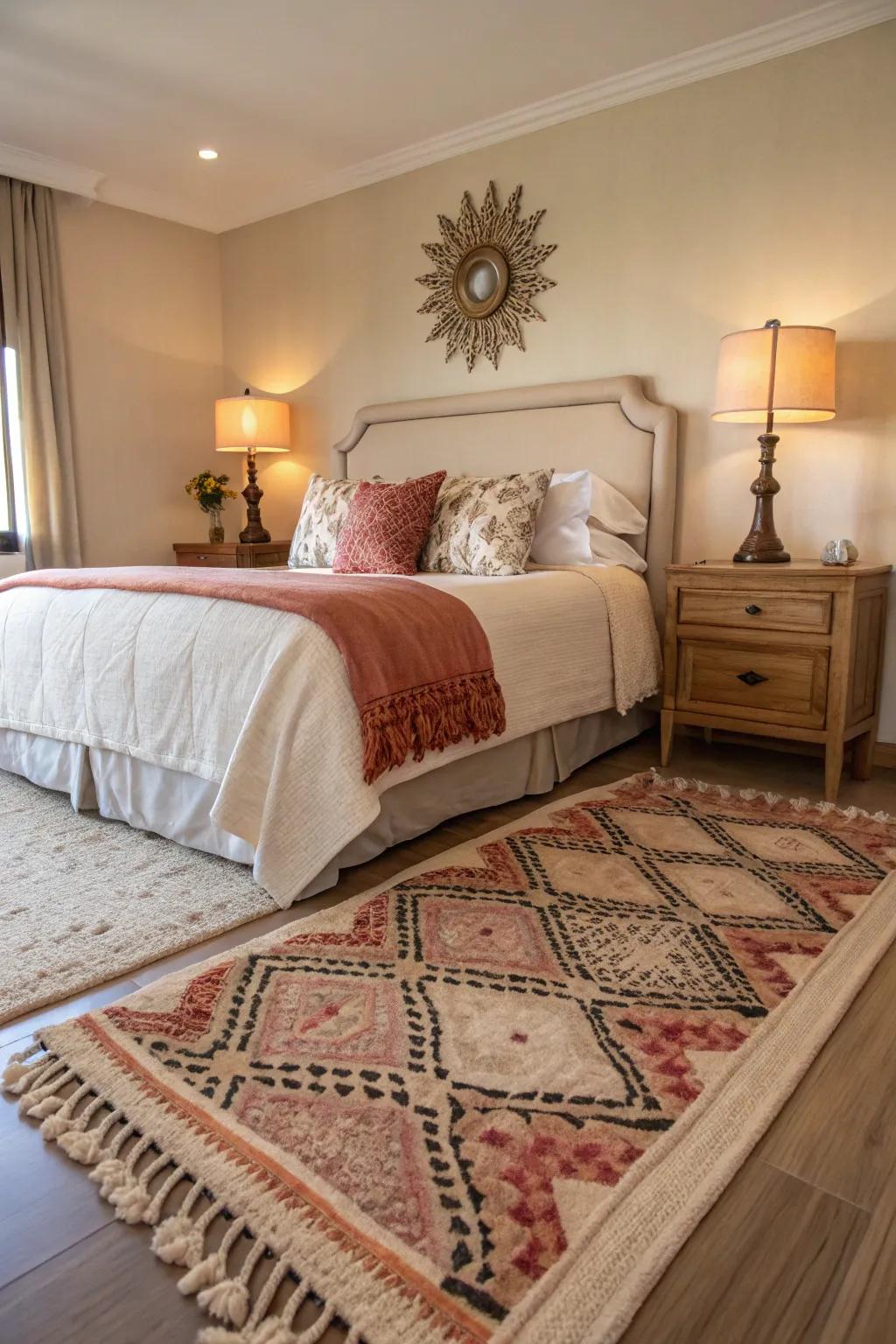 A decorative floor covering adds warmth while hiding under-bed organizing.