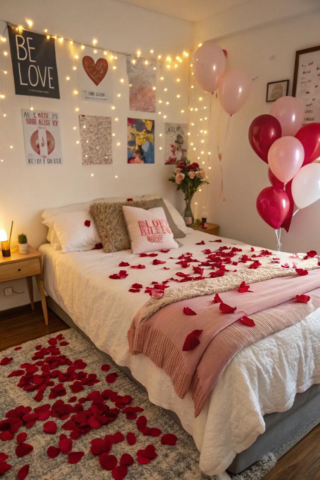 Playful floats paired with rose petals for a festive romantic atmosphere.