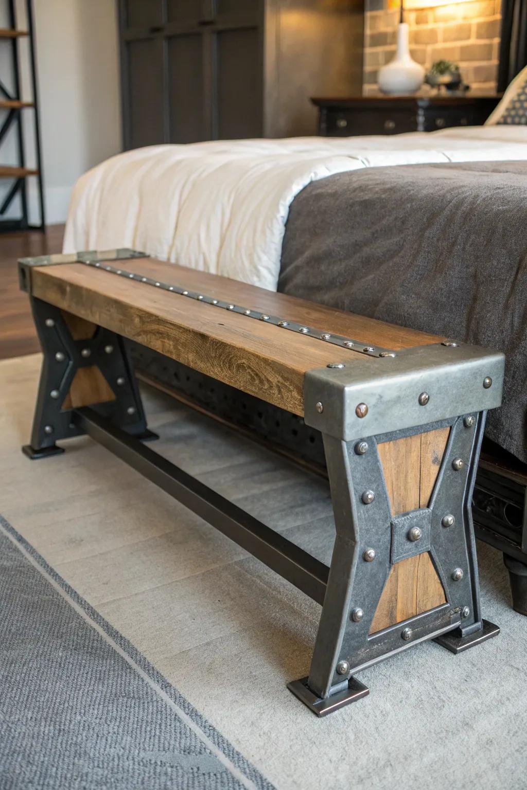 Industrial benches add a daring, edgy feel to your bedroom.