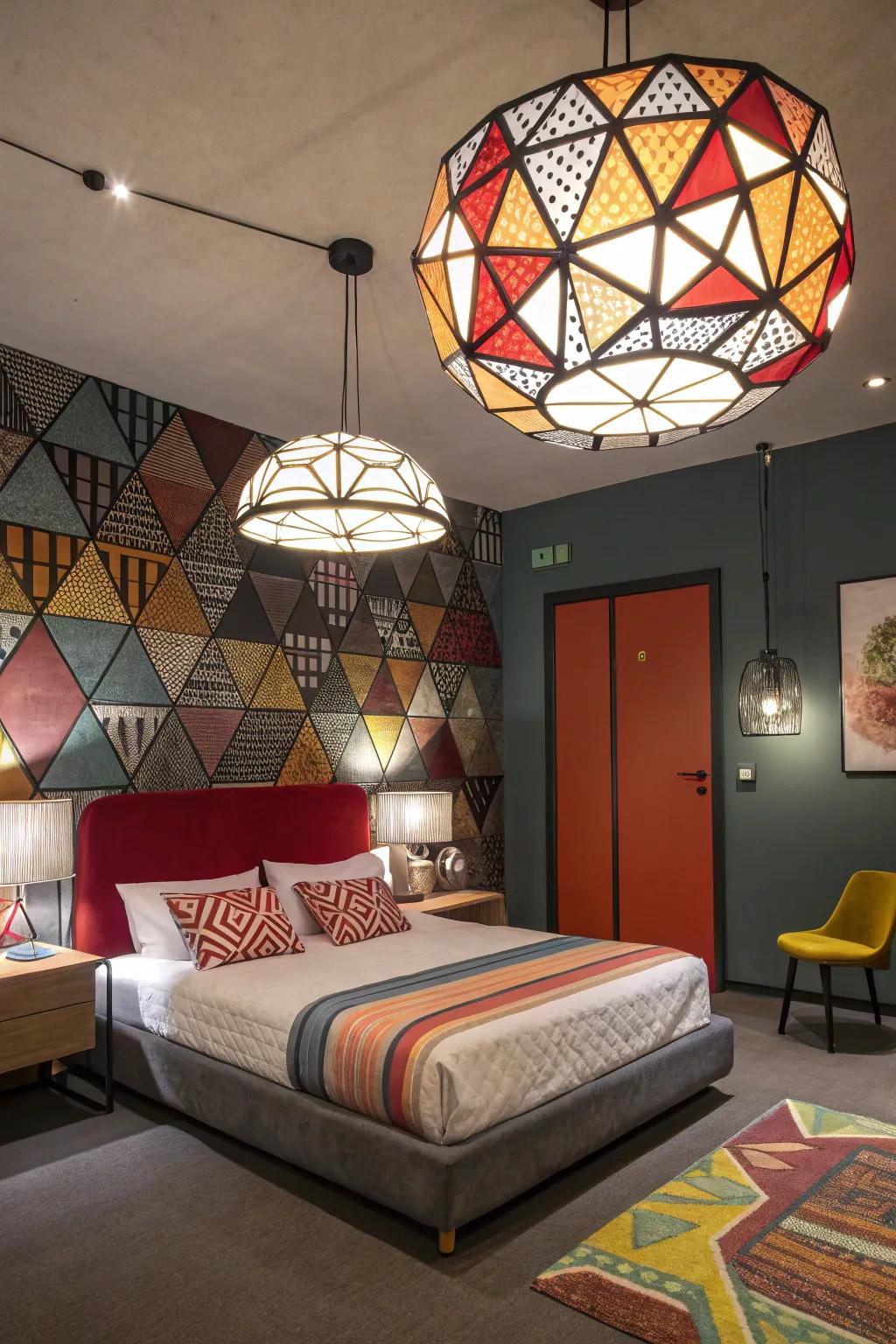 Geometric patterns transform your bedroom lighting into an artistic display.