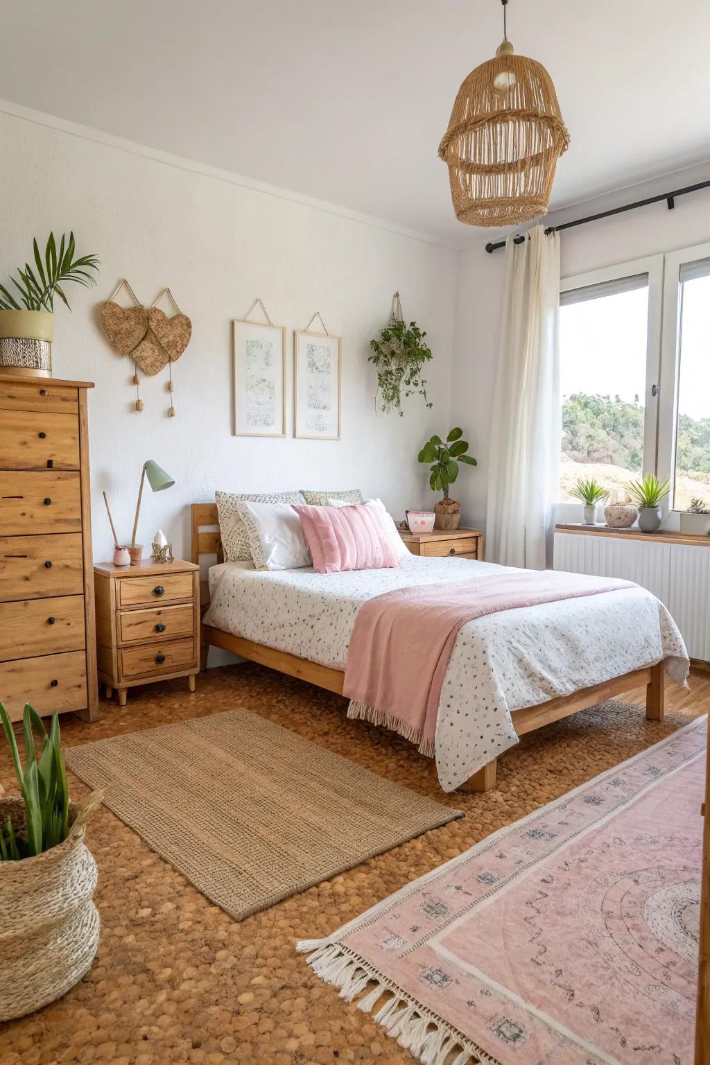 Cork flooring delivers warmth and eco-friendly comfort.