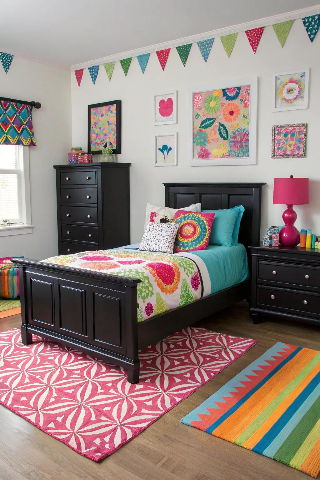 Vibrant colors add personality to a bedroom with sleek black furniture.