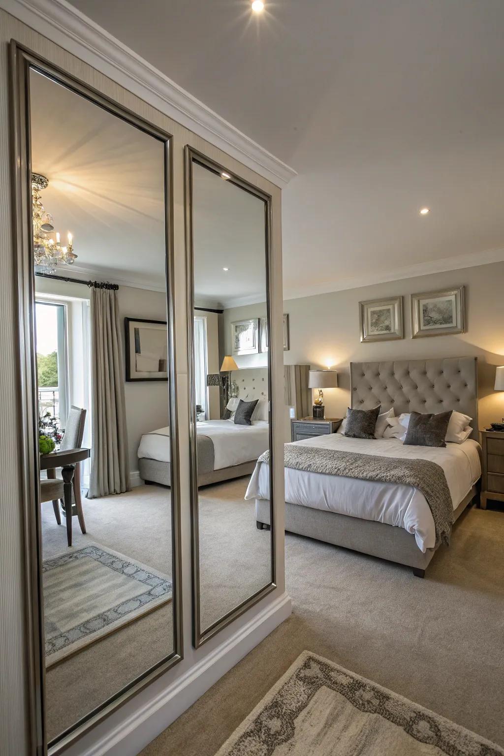 Strategically positioned mirrors make the bedroom feel more spacious.