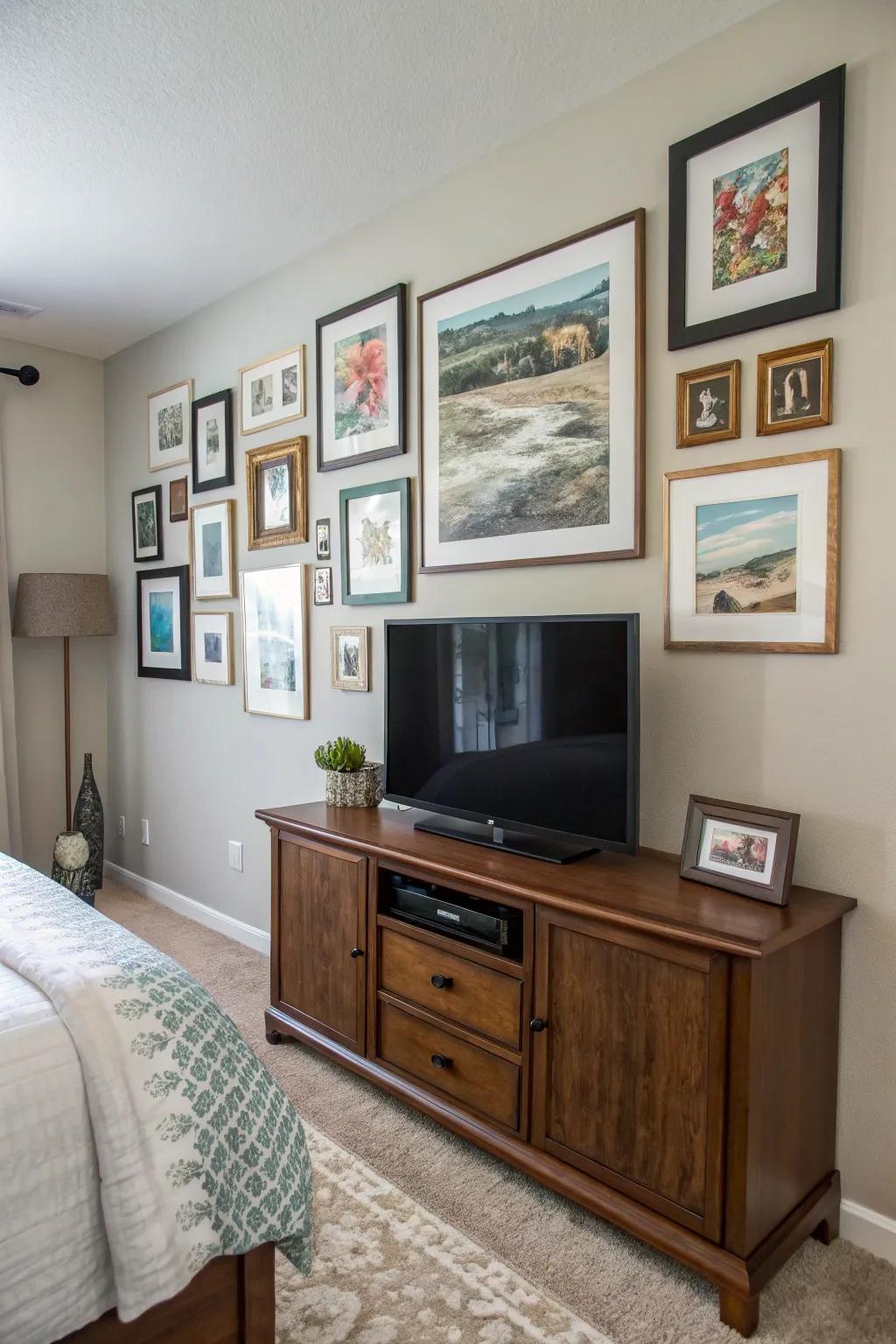 Artwork around your TV can make it a stylish addition to the decor.