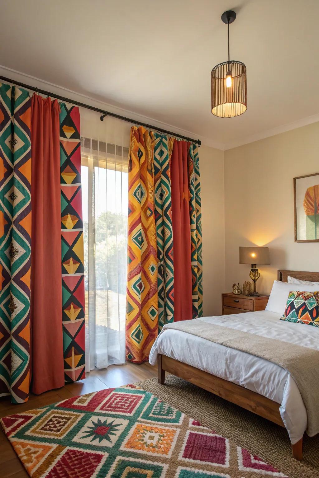 Striking designs on curtains create an eye-catching main feature.
