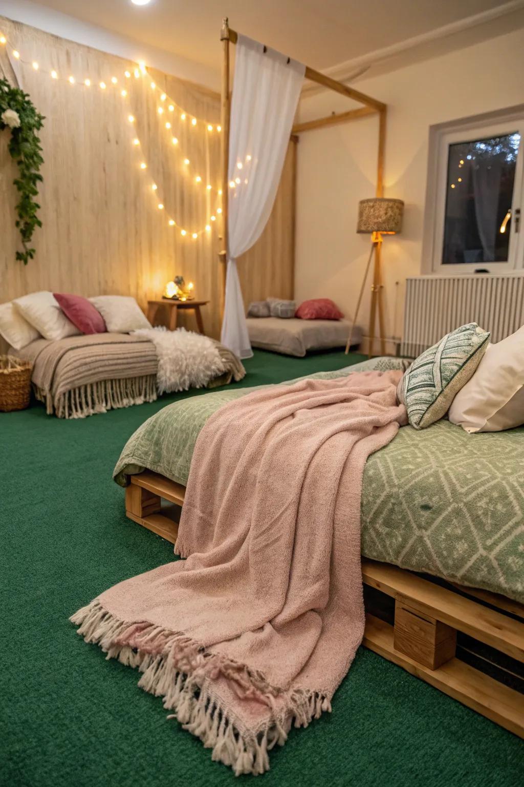 Comfortable textiles like throws and cushions add coziness to the verdant floor covering in the bedroom.