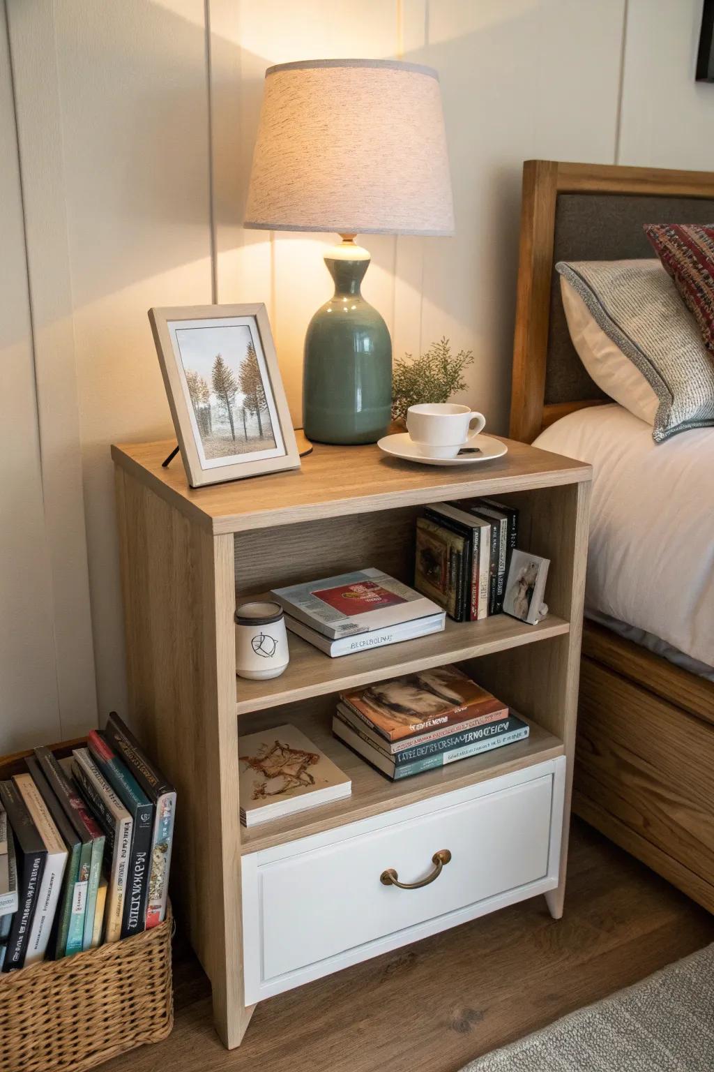 Practical storage ensures your bedside area remains neat.