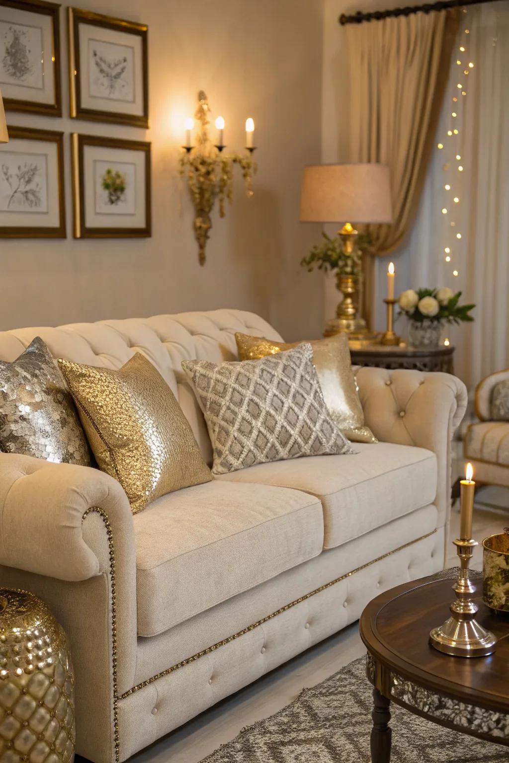 Shiny metallic accents elevate a living room featuring a sand-toned sofa.