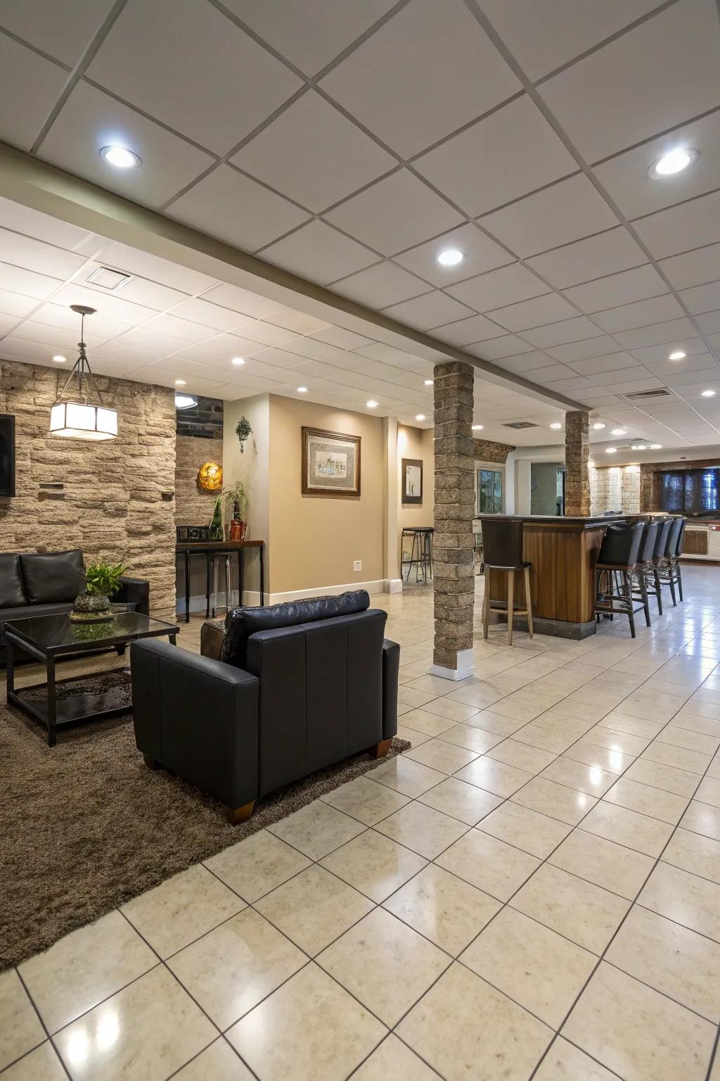 Tile flooring brings flexibility and fashion to storm cellar interiors.