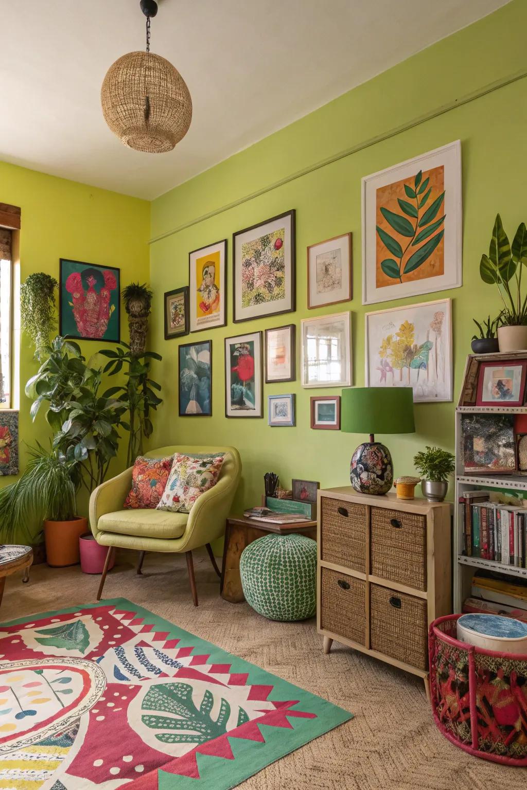 A vibrant studio space featuring lively delight green walls.