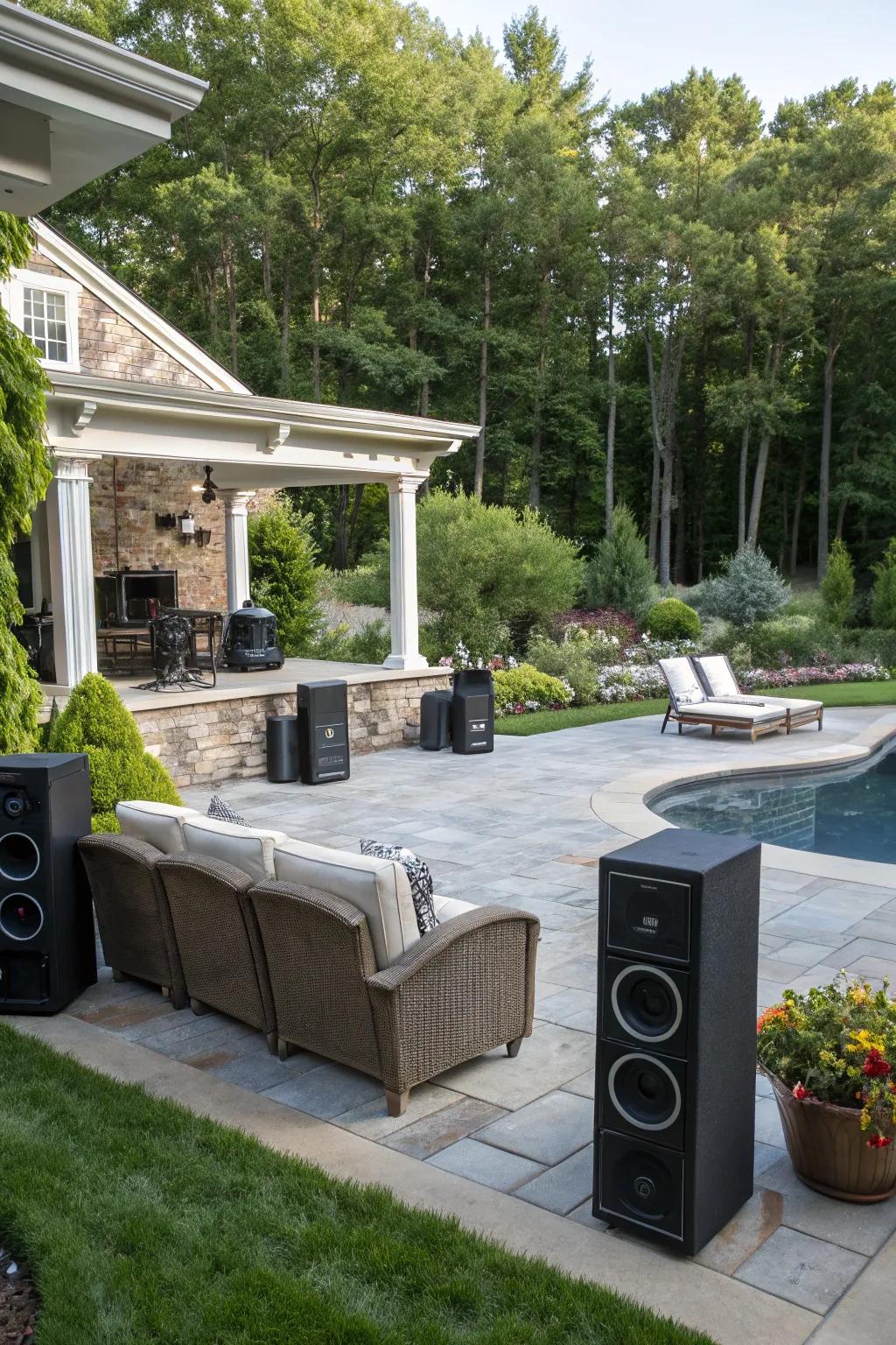 A multi-speaker setup ensures immersive sound throughout your outdoor space.