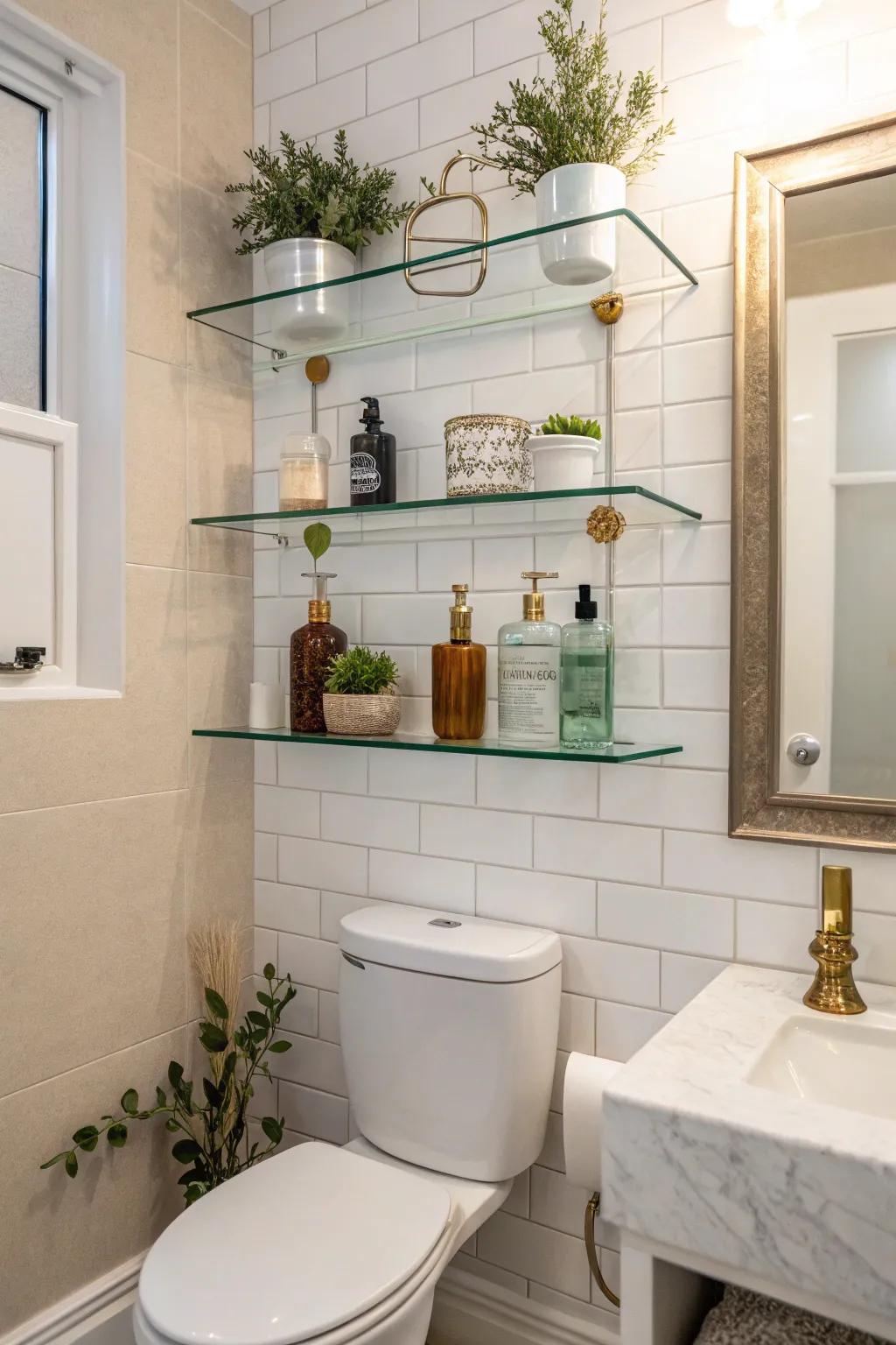 Glass shelves offer a lightweight, airy storage solution.
