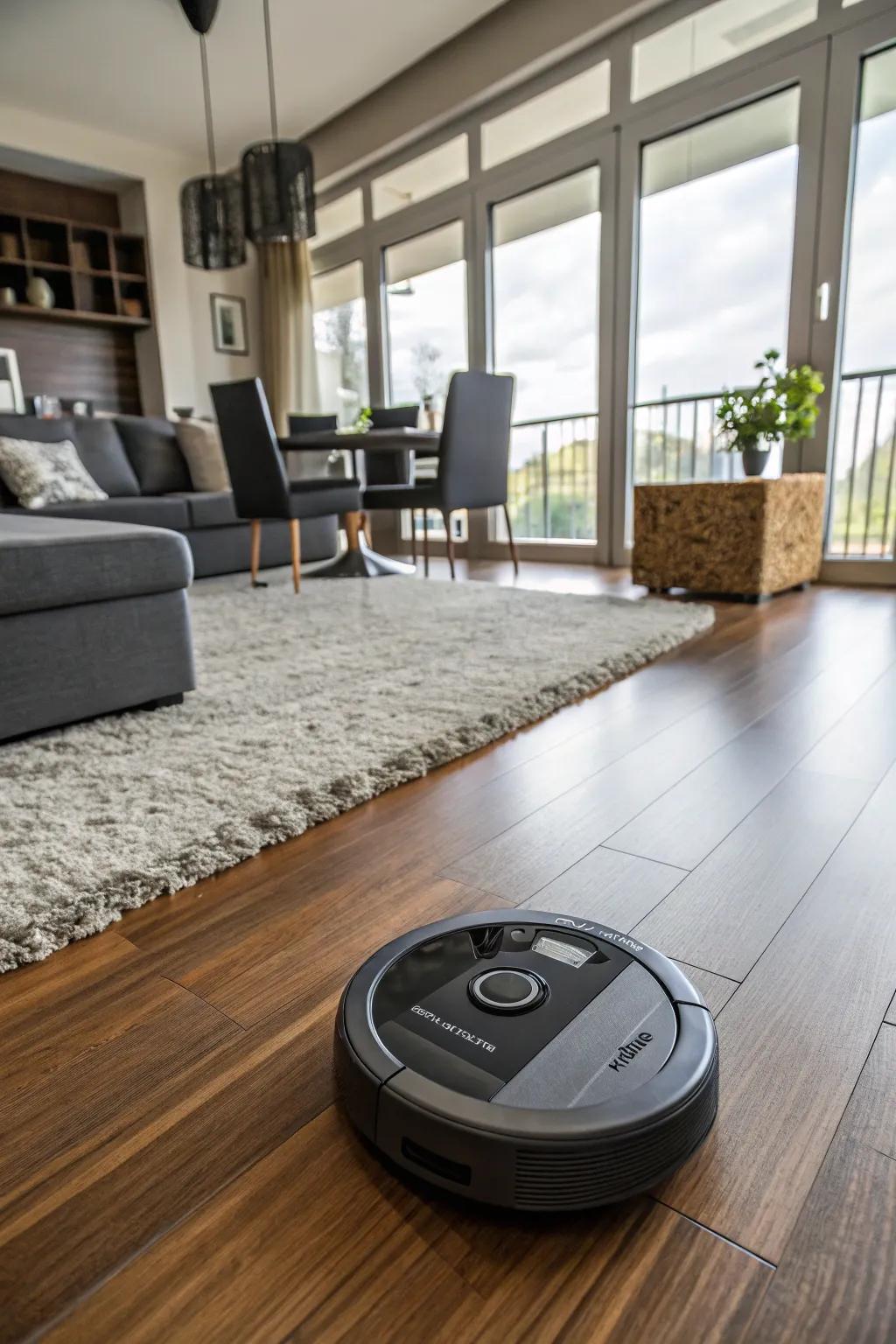 A robotic vacuum cleans a modern living room, ensuring floors are spotless with minimal effort.
