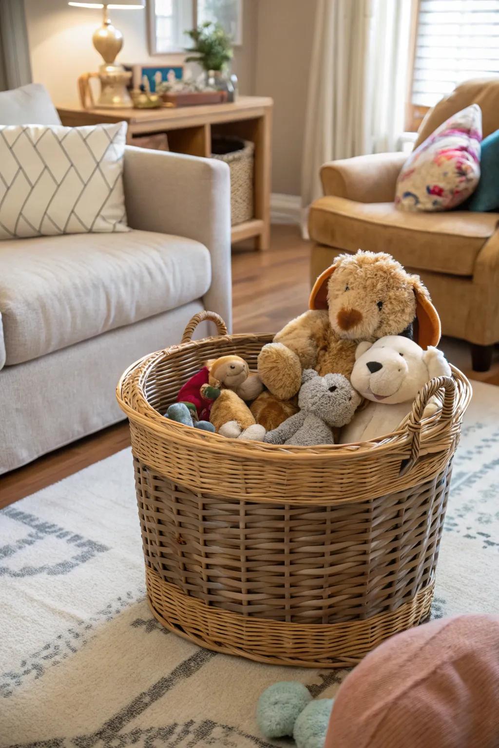 Wicker baskets are stylish and useful for storing toys.