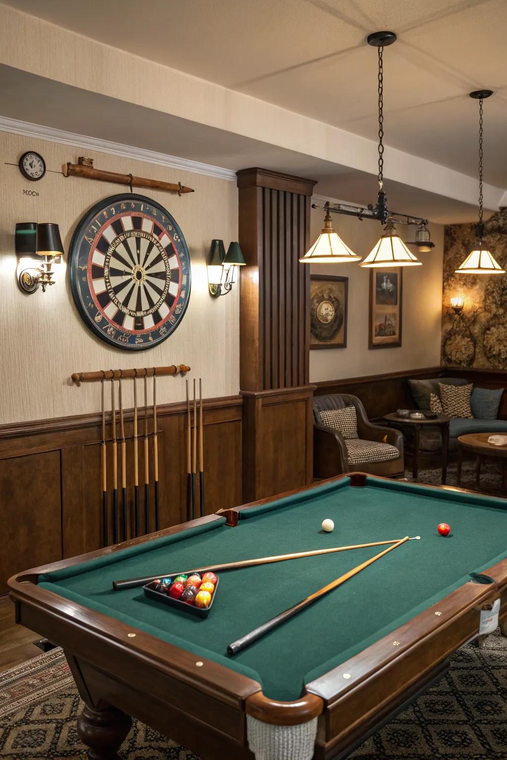 Additional gaming options, such as a dartboard, in a billiards space.