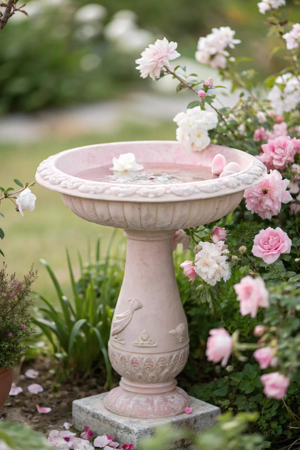 A pastel pink bird bath nestled among soft blooms, providing a tranquil retreat for birds.