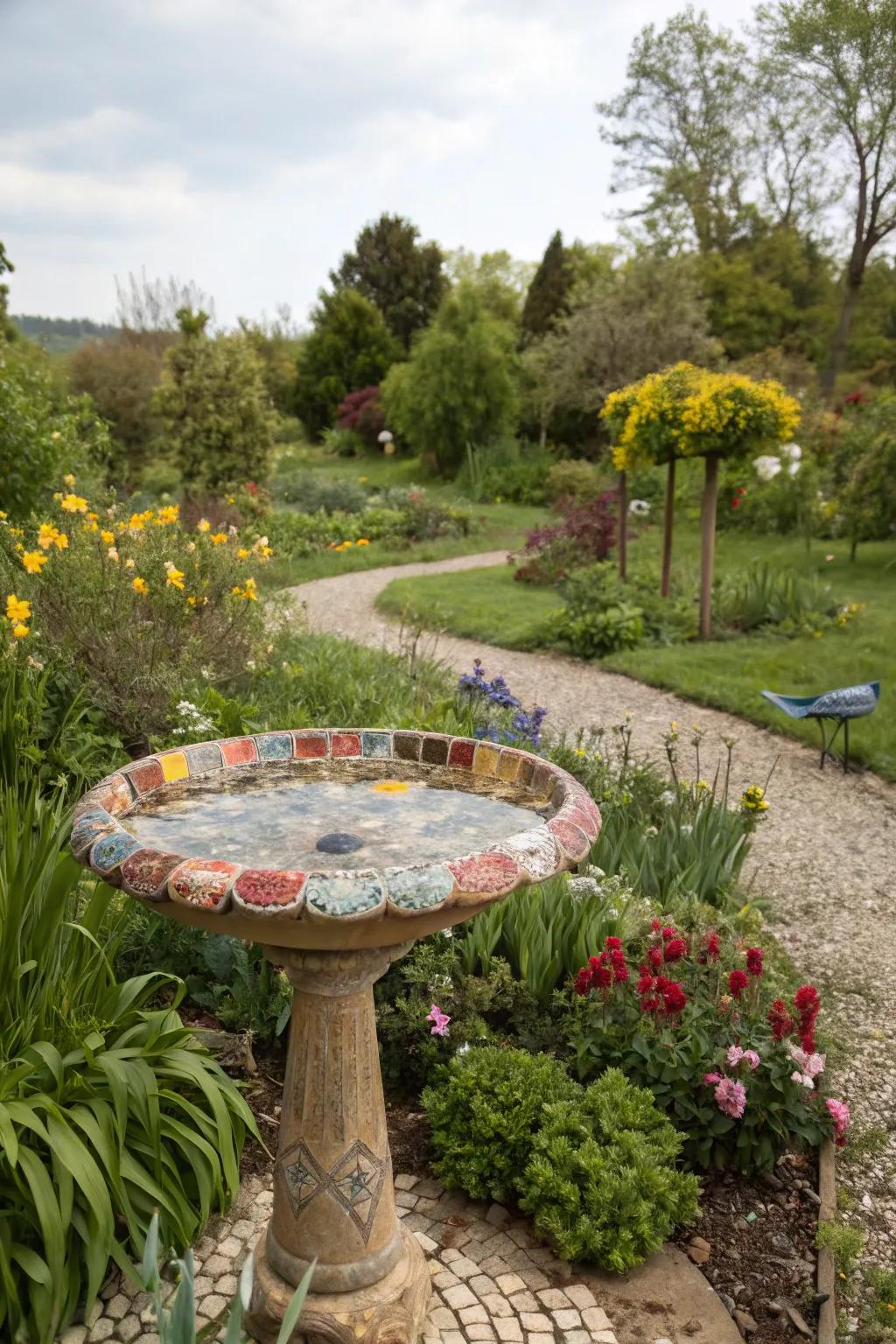 A mosaic bird bath adds an artistic touch to your yard.