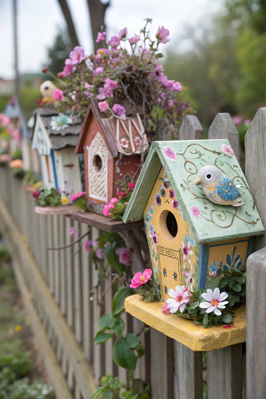 Ornamental elements like flowers and sculptures impart individuality to bird dwellings.