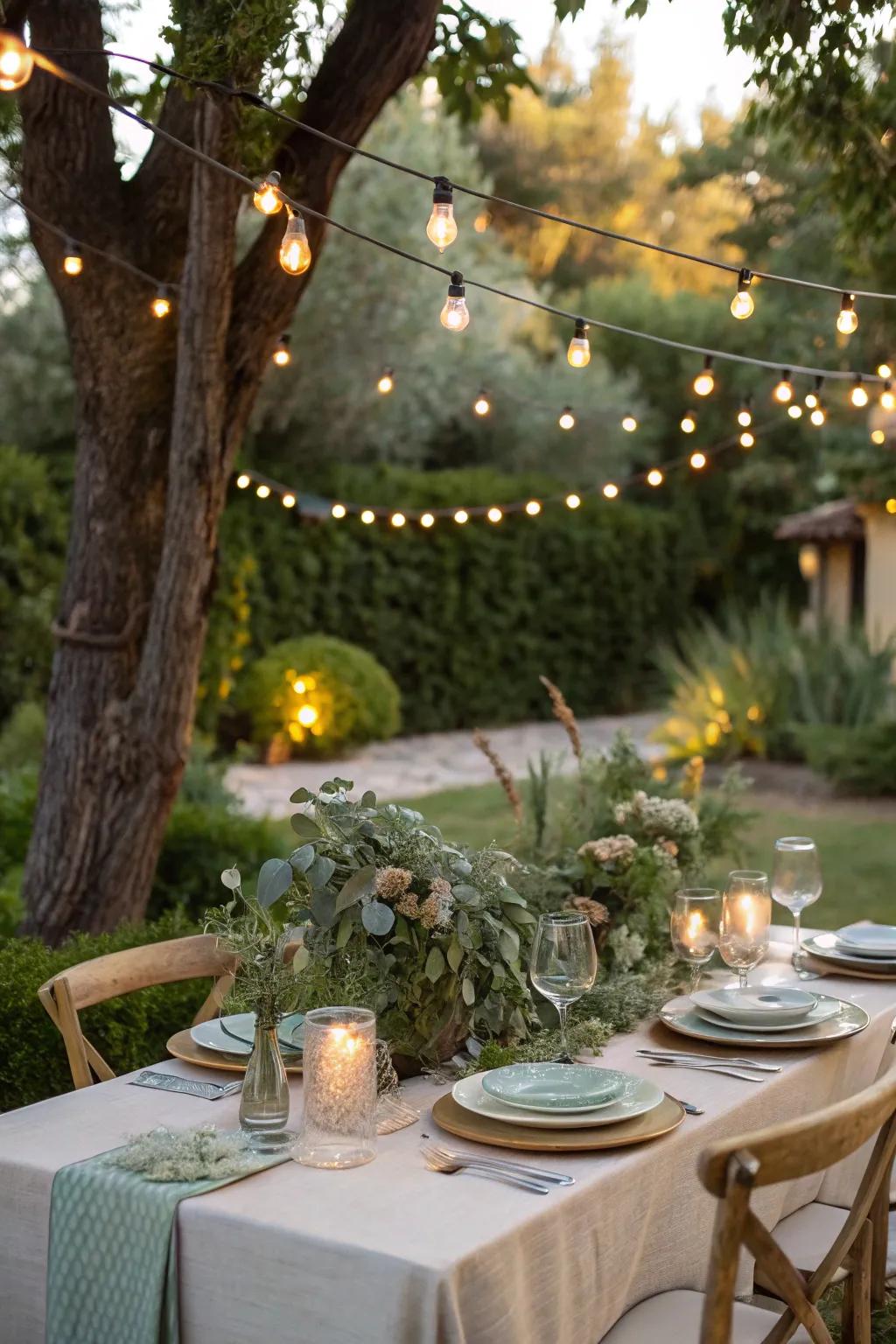 An outdoor retreat with string lights sets the scene for a magical evening.