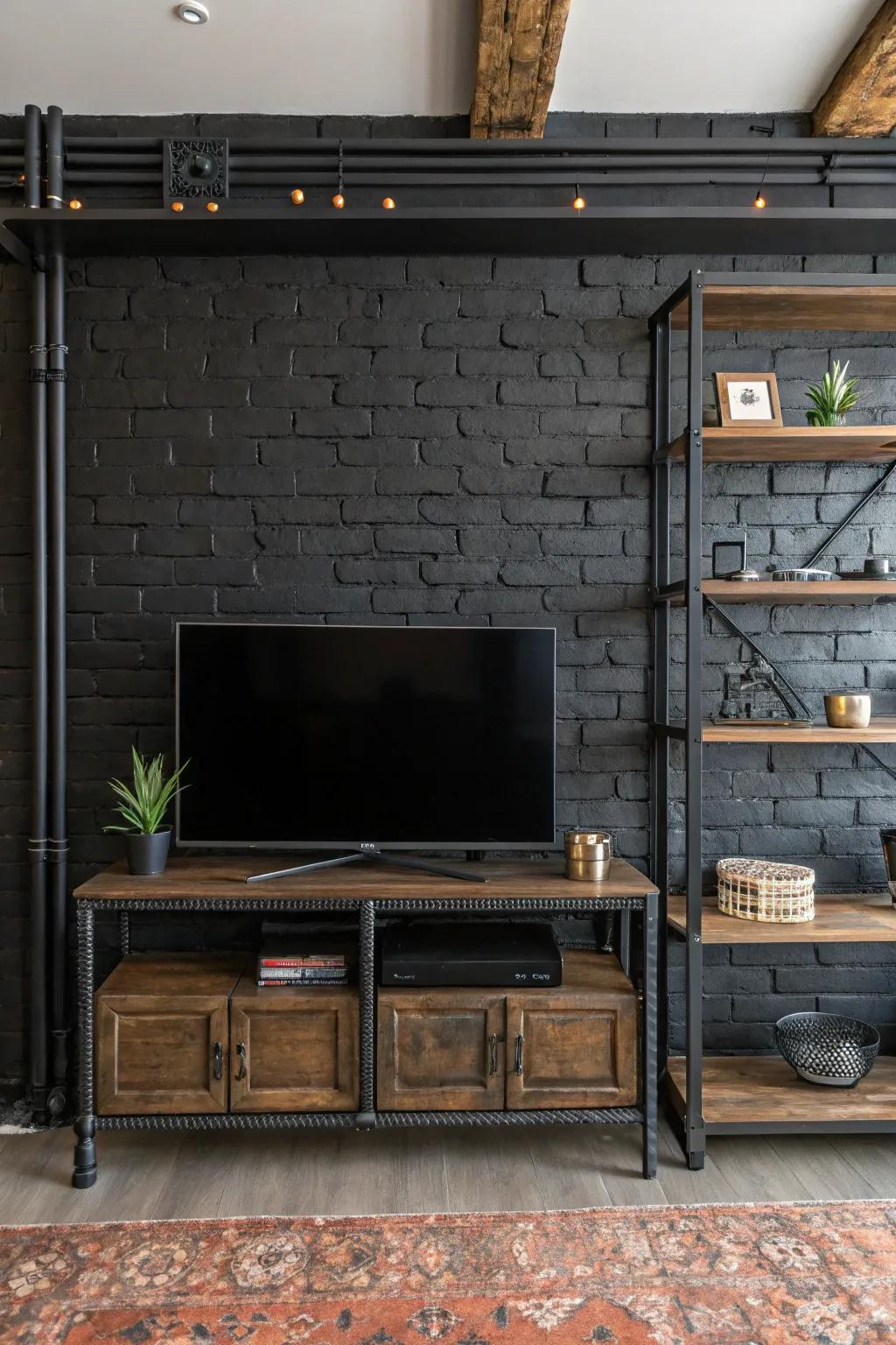 Urban components heighten the city feel of a dark accent wall.