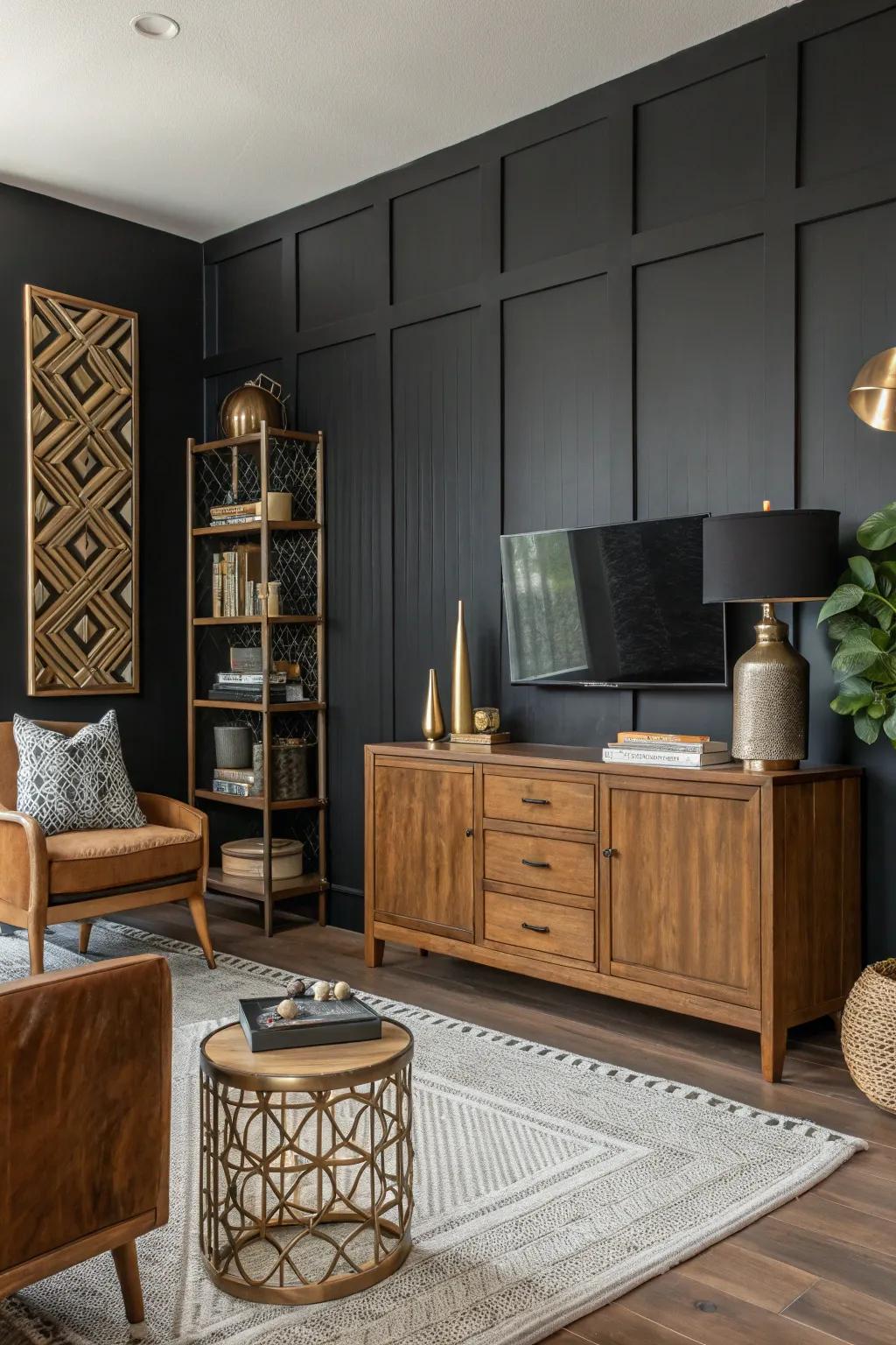 A living space featuring a black accent wall combined with wood and metallic elements.