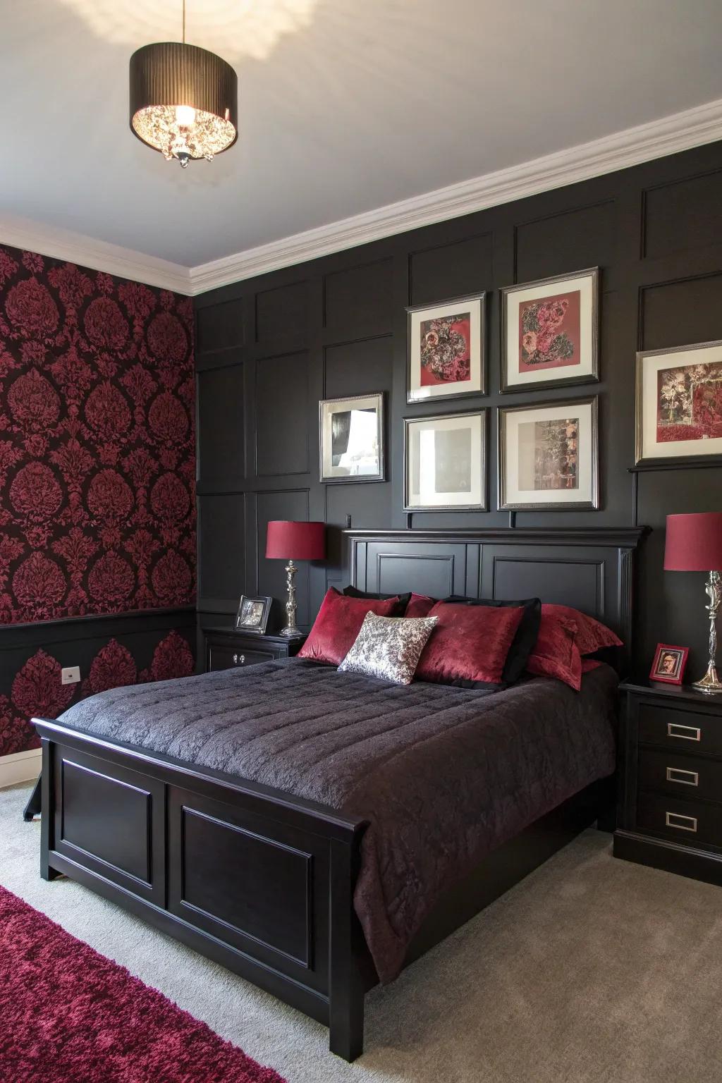 Wall decor with matching colors unifies your ebony and maroon bedroom design.