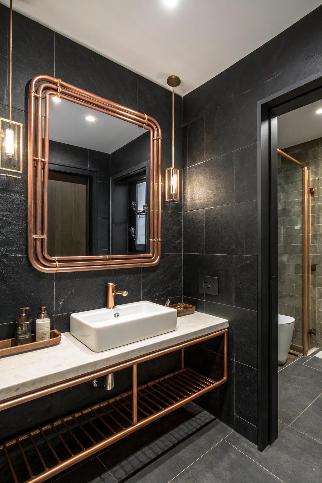 A distinct copper-edged mirror introduces character to the space.