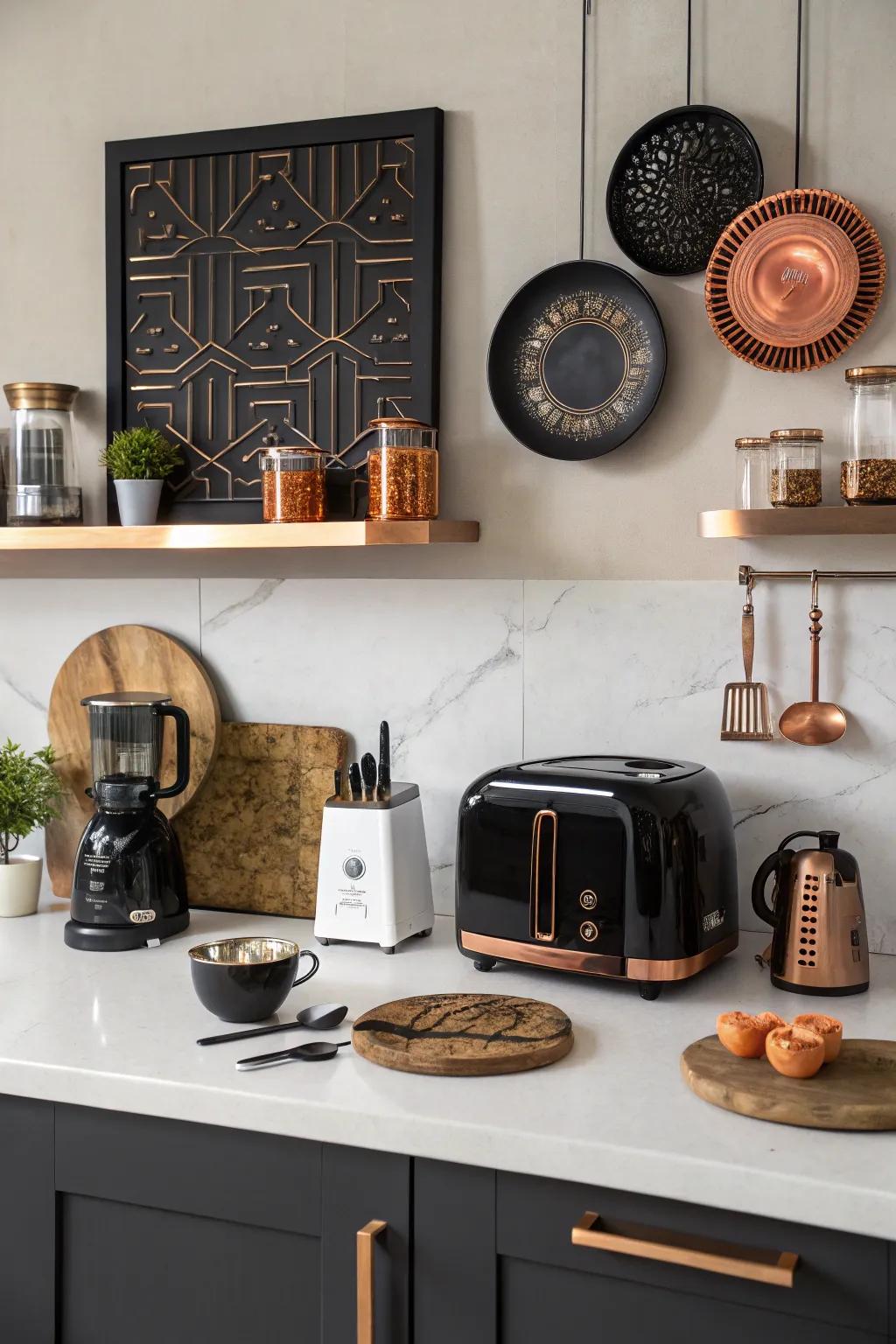 Black and copper accessories harmonize the design in your kitchen.