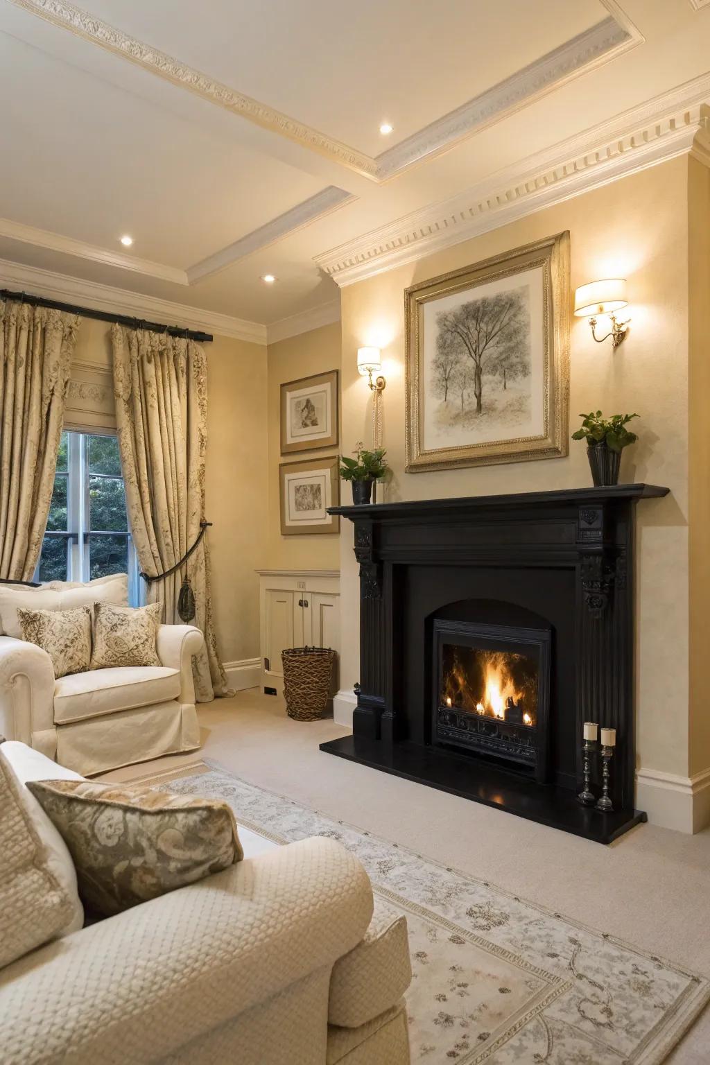 An ebony fireplace surround acts as an impressive central feature in the living space.