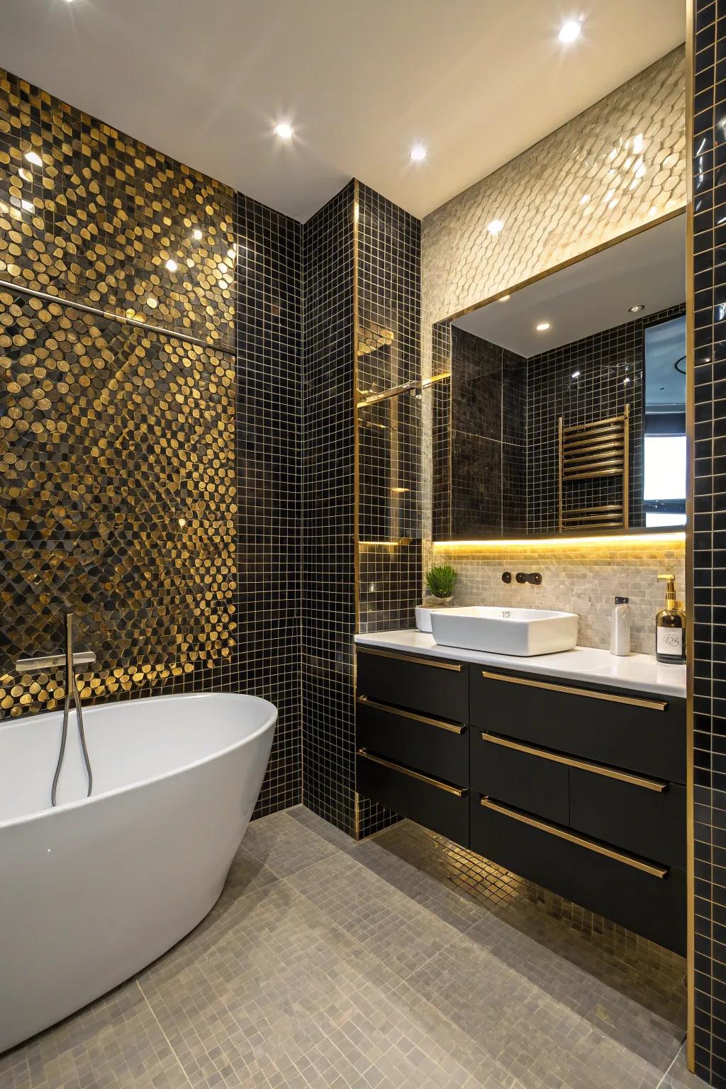 Mosaic pattern in ebony and gold brings elegance and texture.