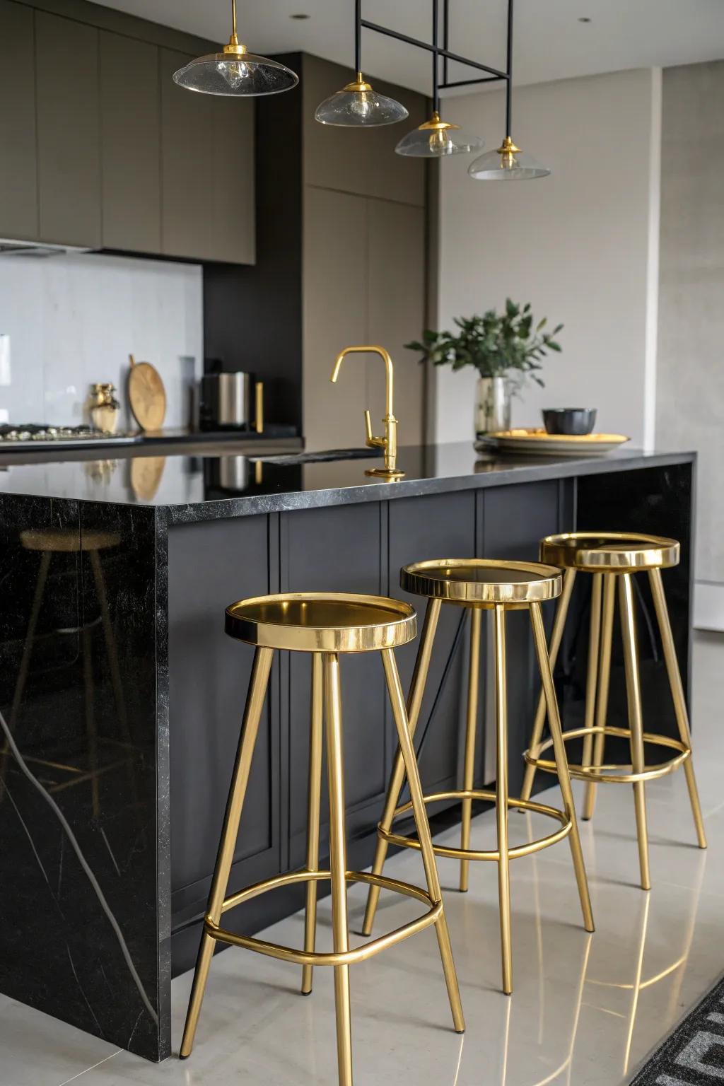 Gilded bar stools bring opulence to this kitchen space.