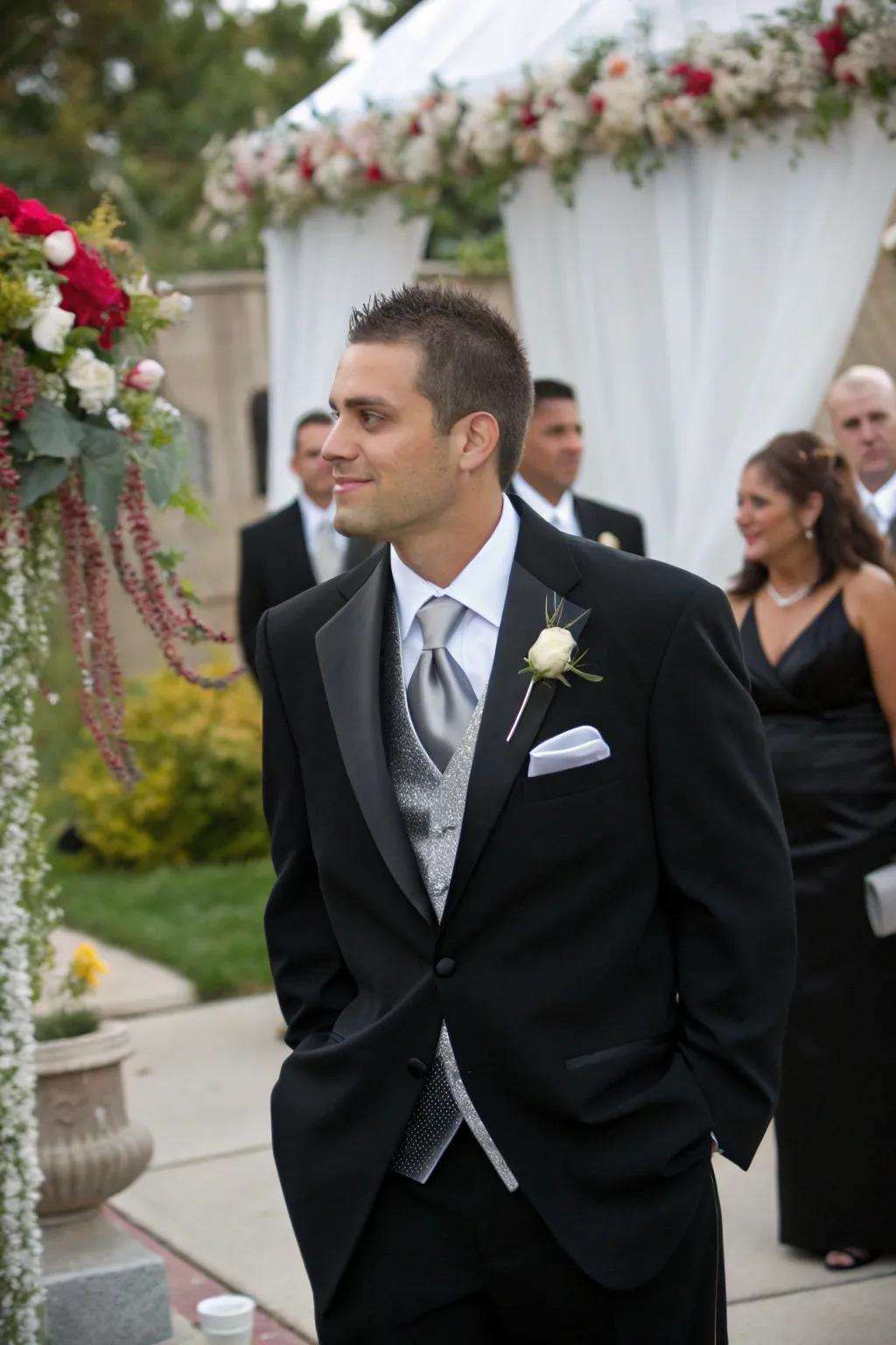Fashionable groom's attire in coal and shimmer.