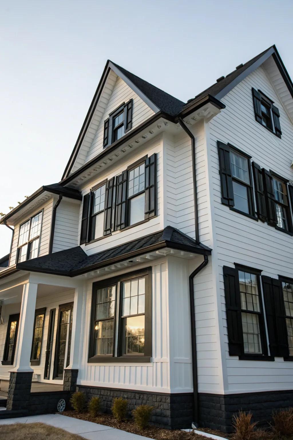 Contrasting black finish highlights the architectural details of this house.