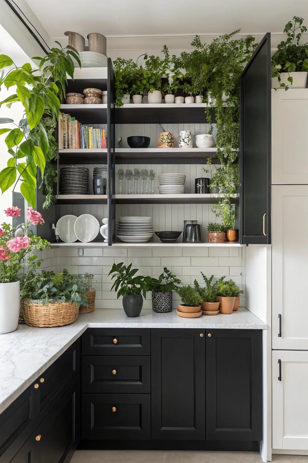 Accessible shelves display personal touches in this kitchen.