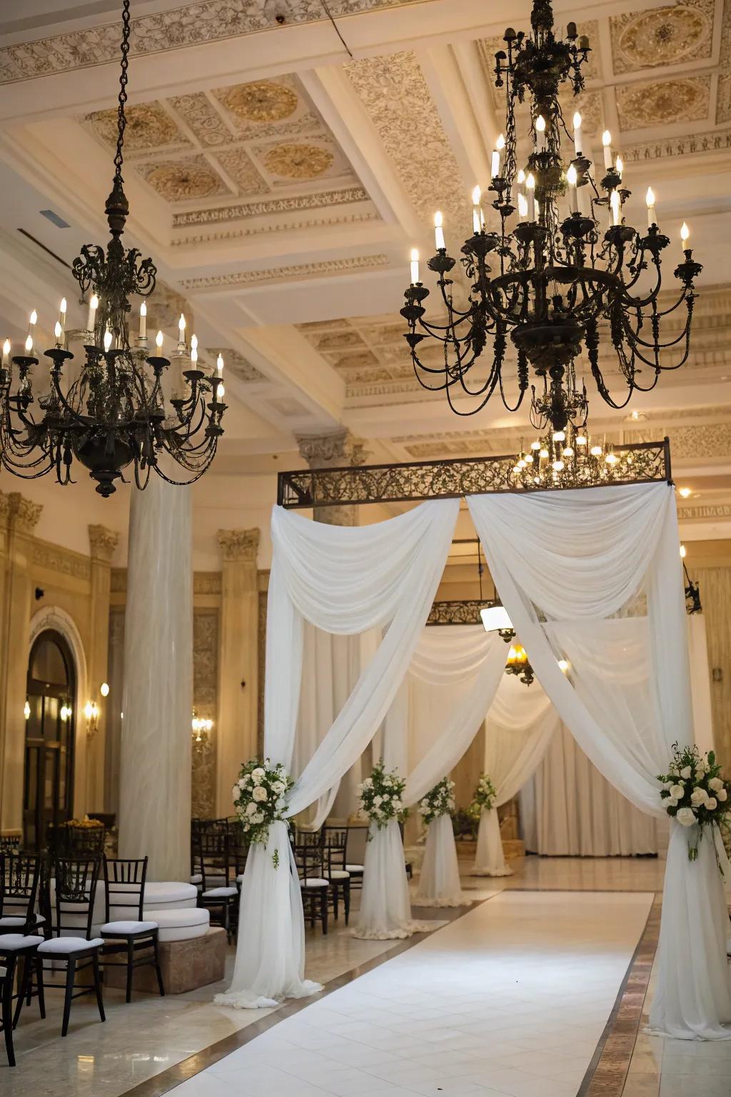 Ebony light fixtures add an elegant touch to a stylish wedding venue.