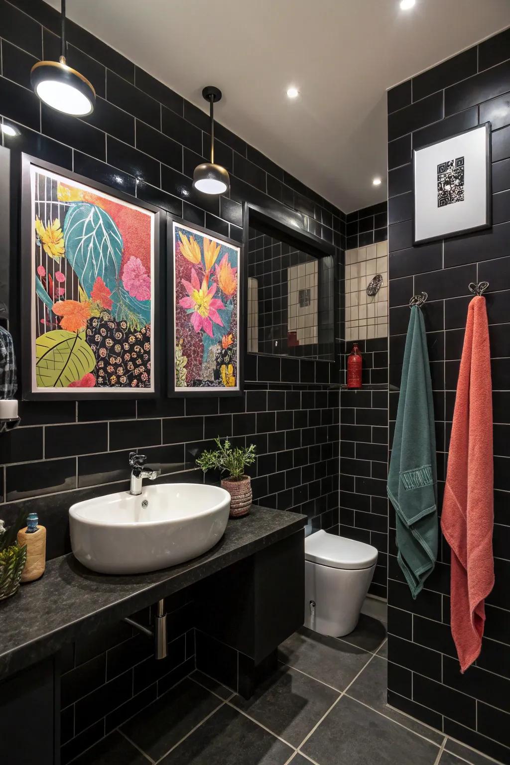 Striking artwork stands out beautifully against dark walls.