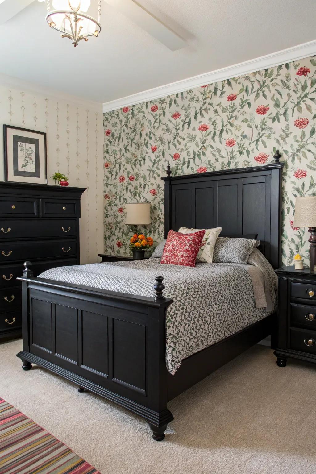 Patterned wallpaper introduces depth and character to this stylish bedroom.