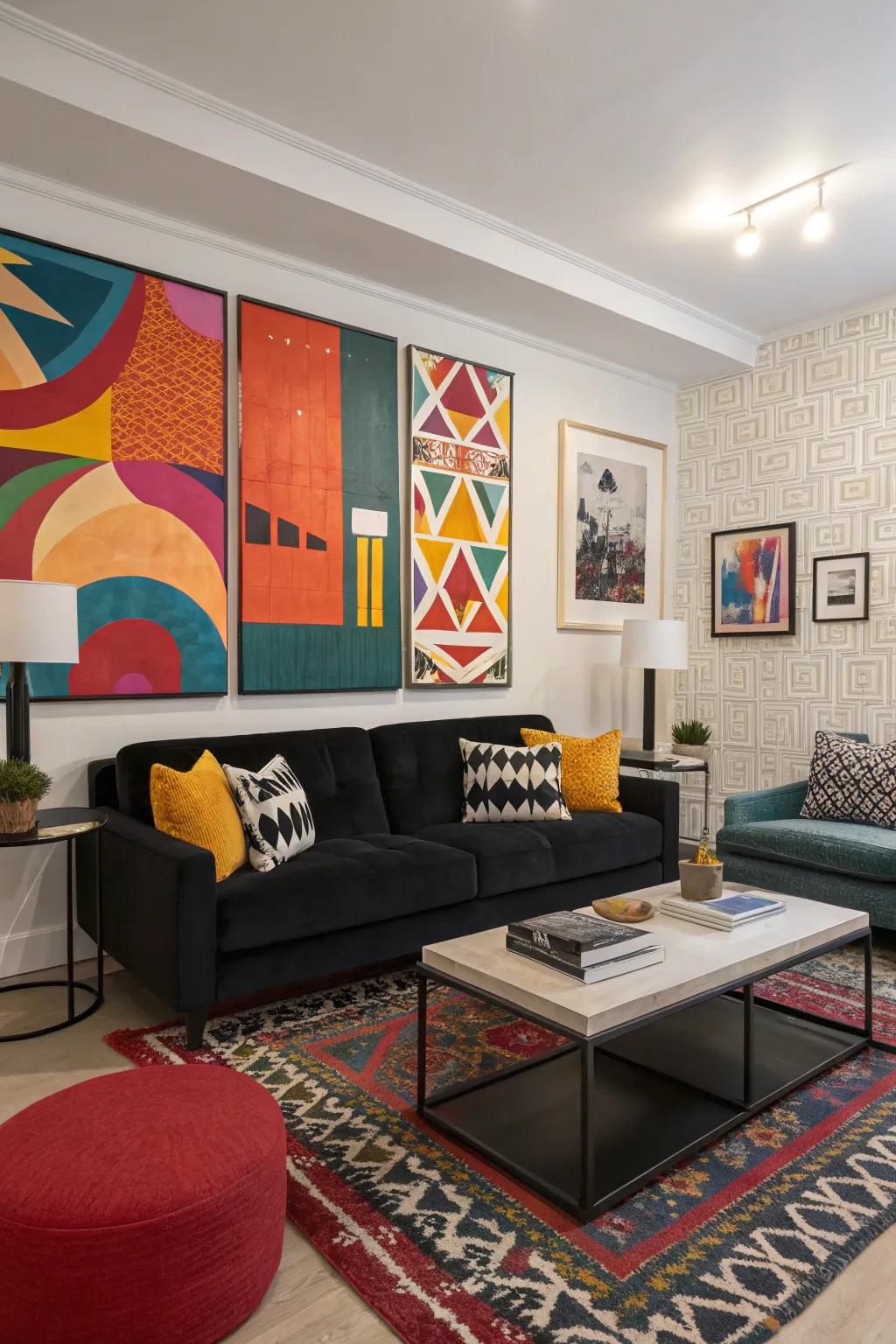 Bold artwork complements a dark-toned sofa.