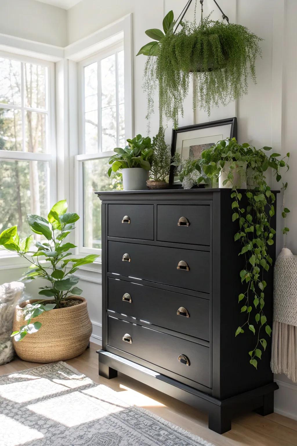 A black dresser complemented by lush greenery.