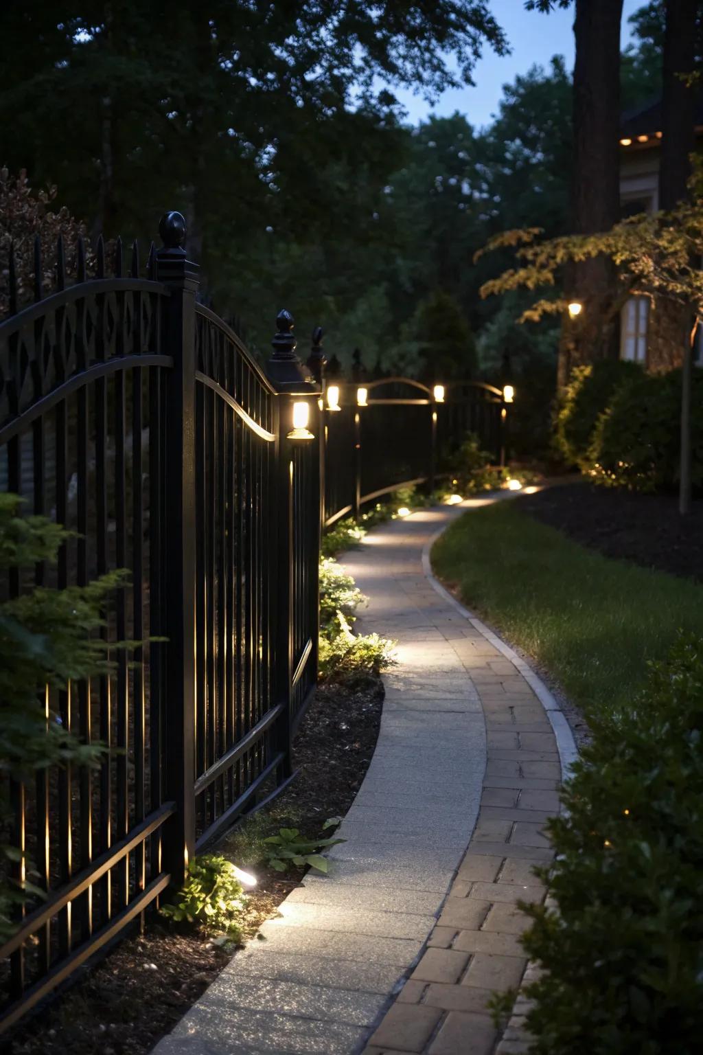 A black fence illuminated with subtle lighting creates a magical nighttime ambiance.