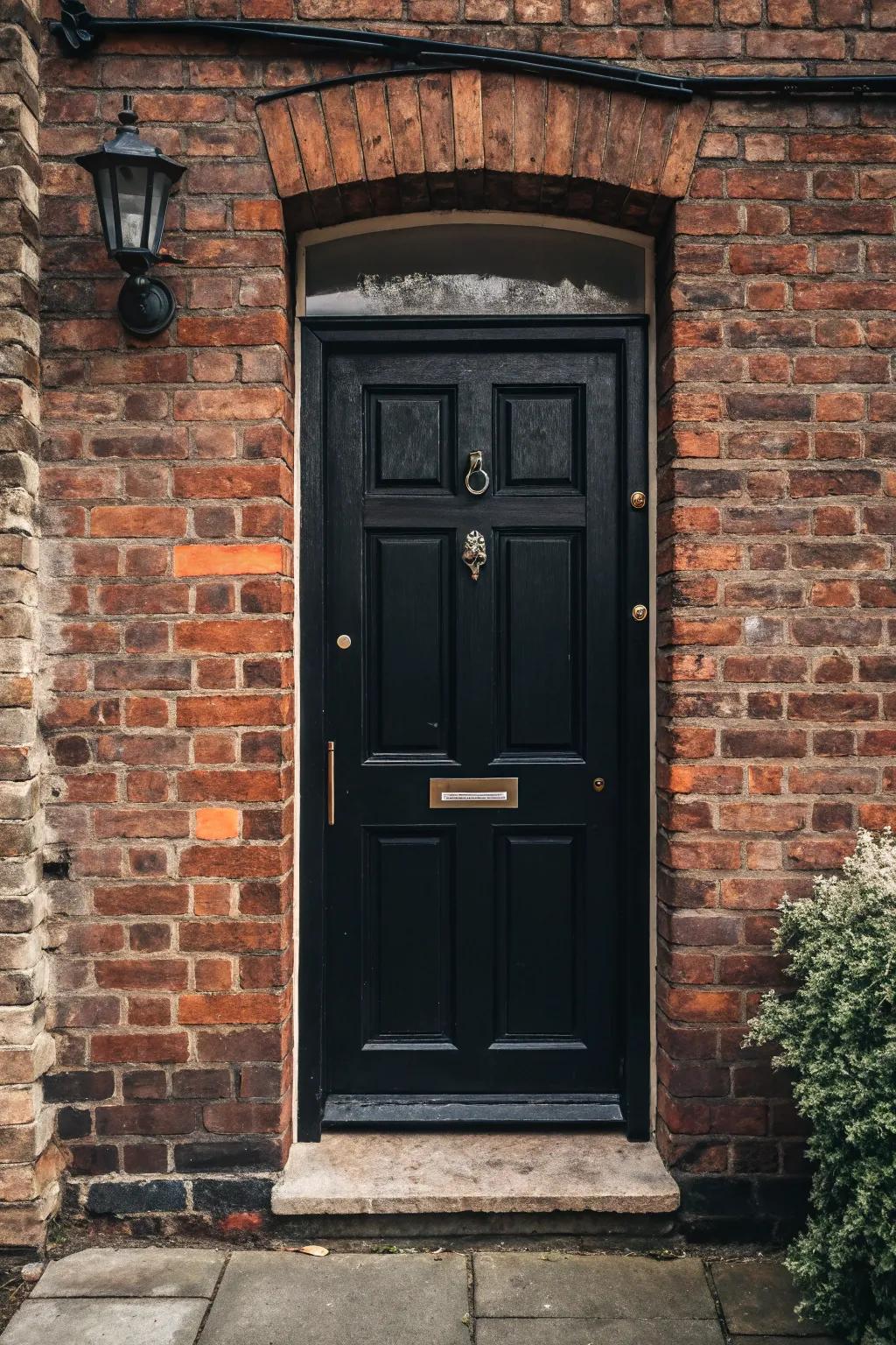 A dark-toned door standing out exquisitely against a brick facade.
