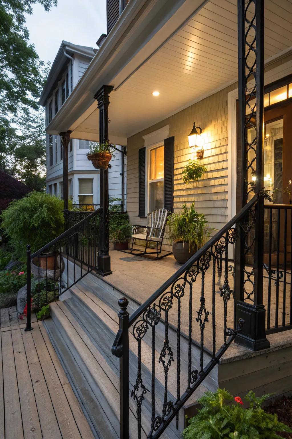 Elegant black railings offer safety and style in equal measure.