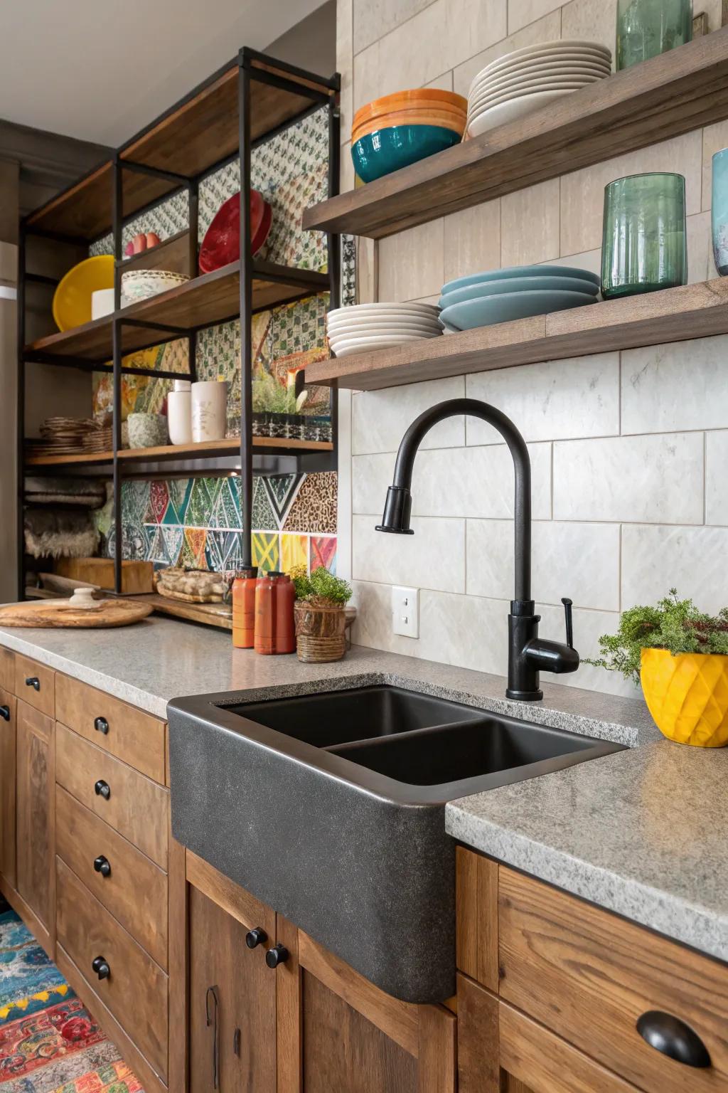 A mix of materials boosts the visual allure of this kitchen, complete with a dark tap.