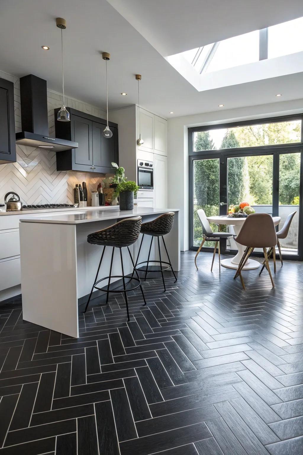 A kitchen displaying ink herringbone design floor tiles for added visual intrigue.