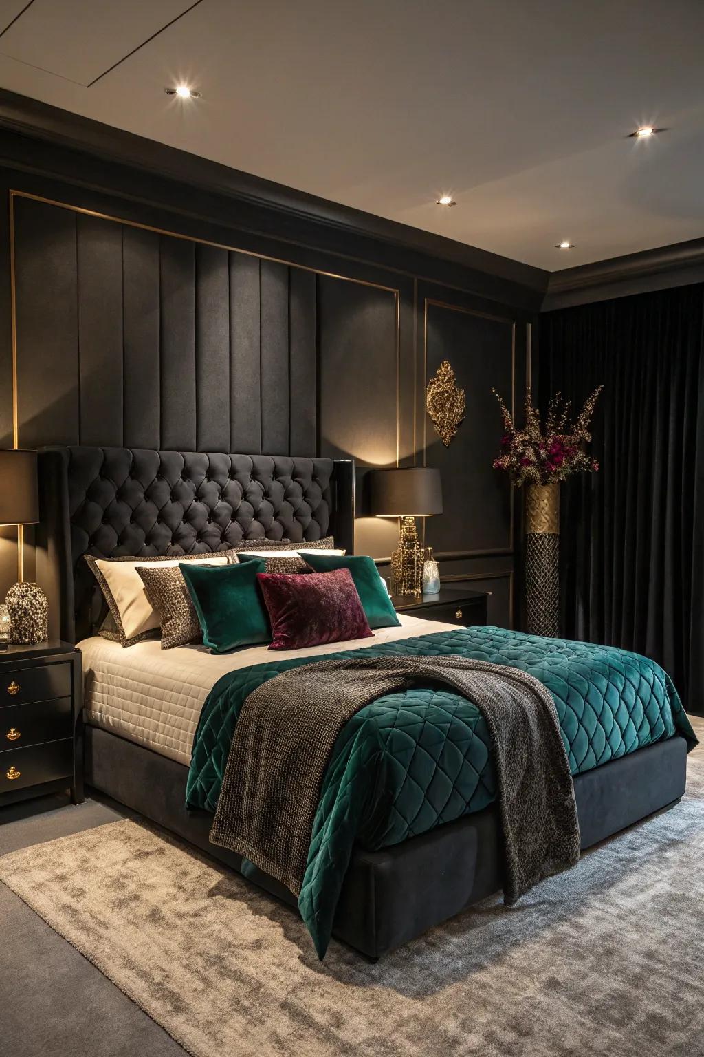 Jewel tones provide richness to a black themed bedroom.