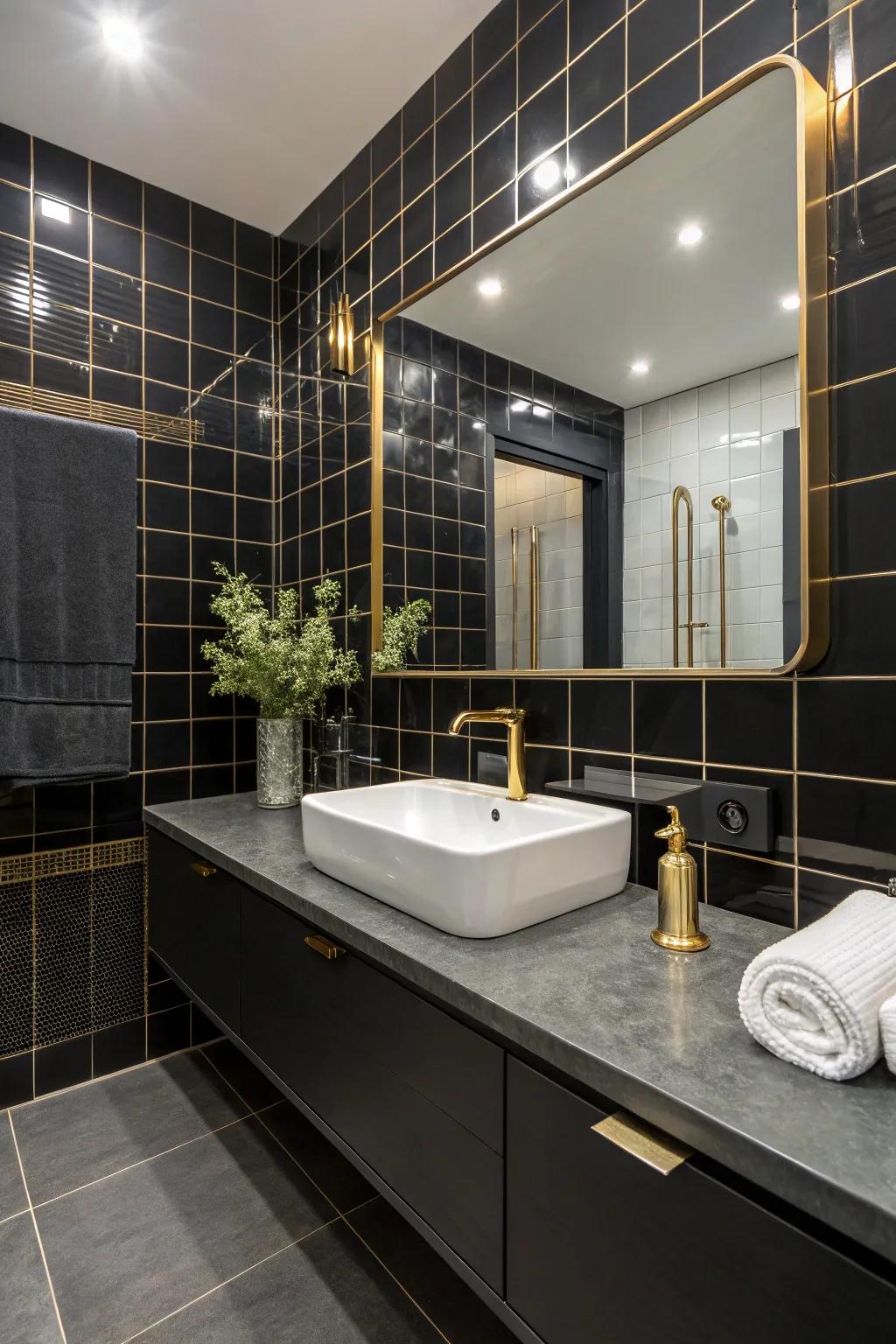 Brass fixtures add a luxurious touch to the black-tiled bathroom.