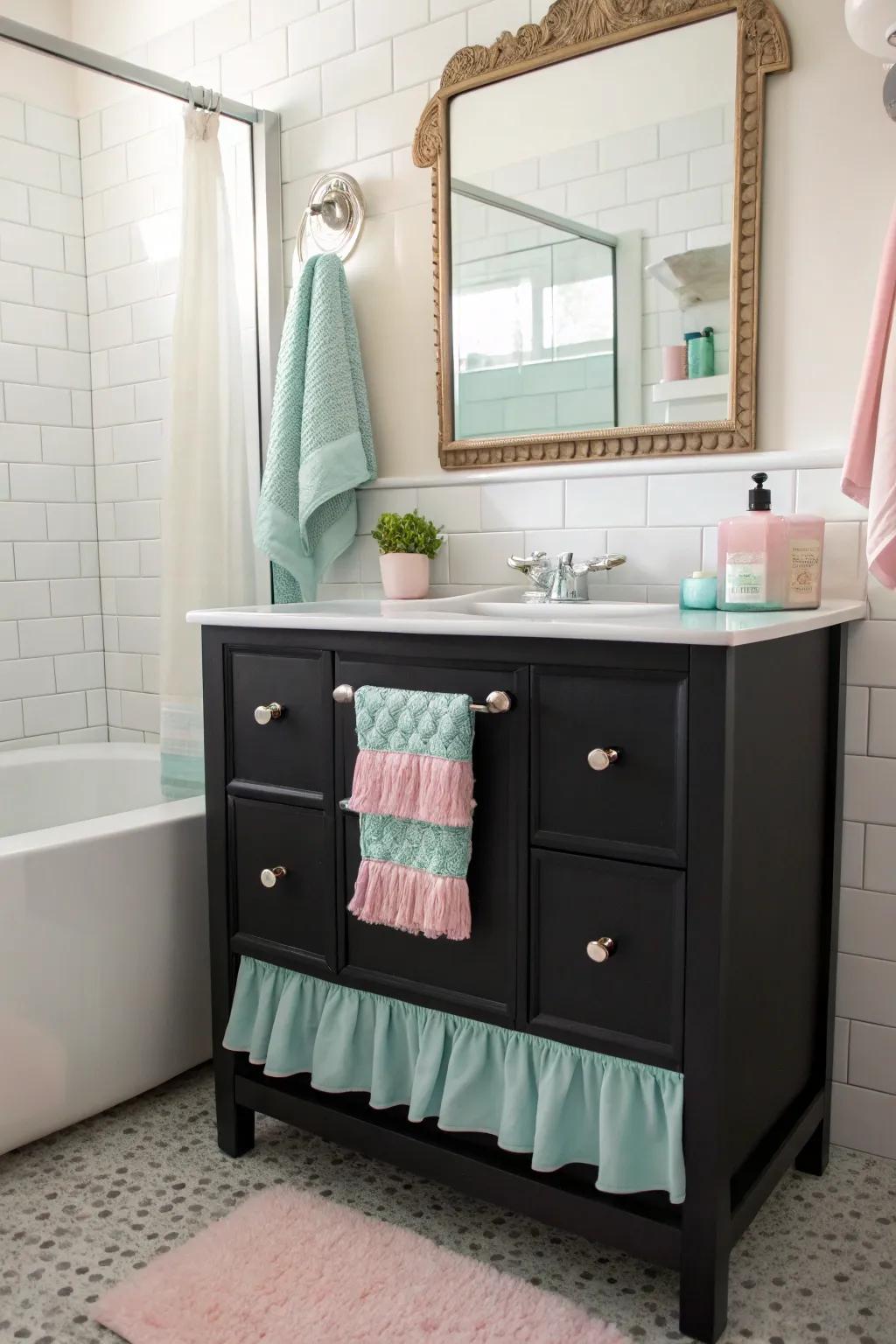 Soft-colored pops bring a sense of lightness and fun to a dark sink cabinet bathroom.